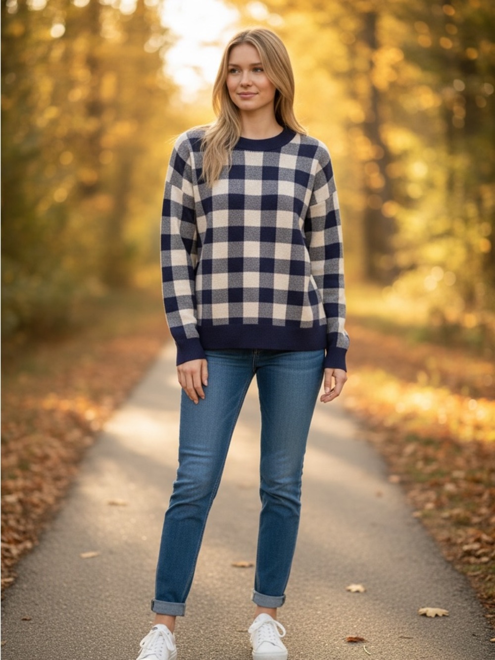 LOFT Navy and Cream Buffalo Check Crewneck Sweater